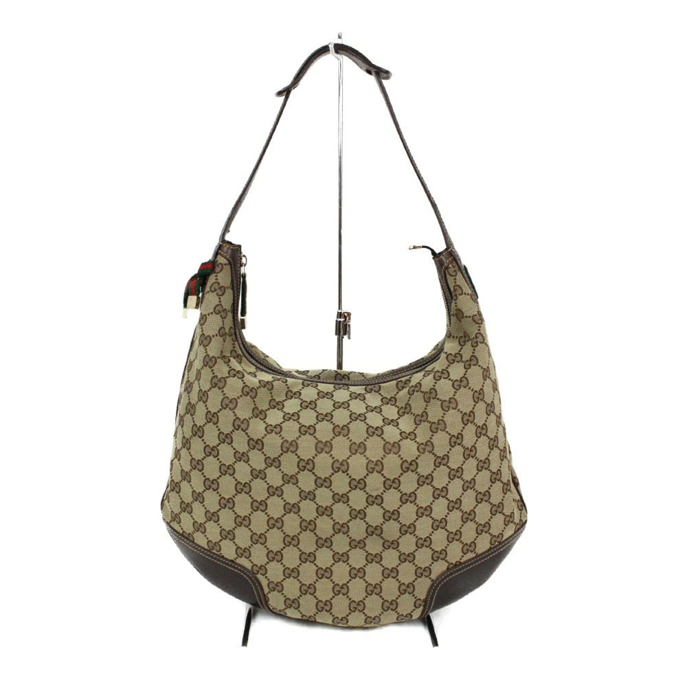 GUCCI GG Canvas Hobo Bag Brown Beige Leather Handbag
